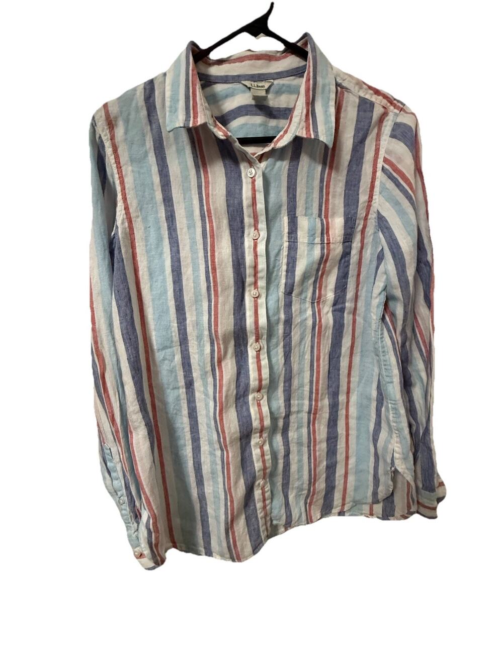 L.L. BEAN Women’s Linen Striped Long Sleeve Button Down Blouse Shirt Size Medium
